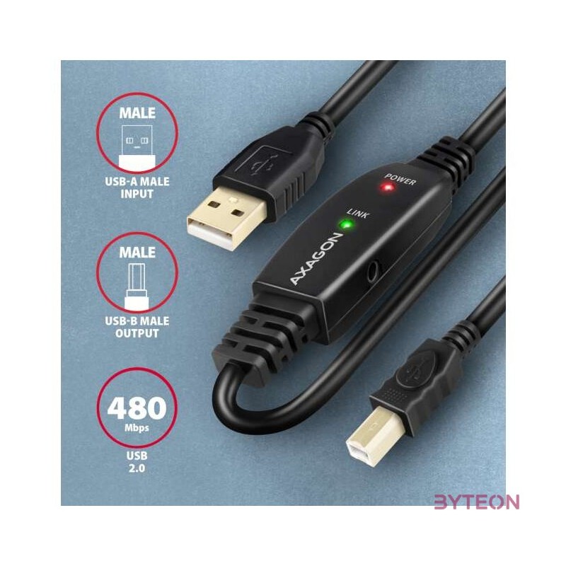 Axagon ADR-210B 10m USB 2.0 A apa - USB B apa aktív repeater kábel