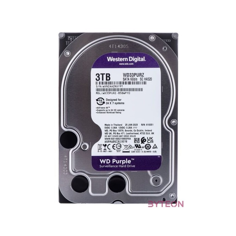 Western Digital 3,5 3000GB belső SATAIII 5400RPM 256MB PURPLE WD33PURZ winchester 3 év