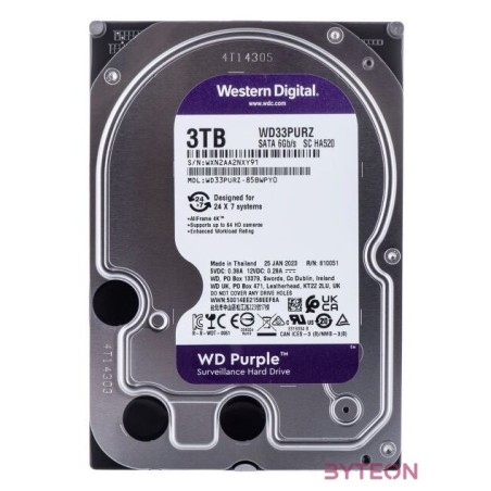 Western Digital 3,5 3000GB belső SATAIII 5400RPM 256MB PURPLE WD33PURZ winchester 3 év