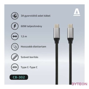 AVAX CB302G STEELY 1,5m 60W Type-C gyorstöltő sodorszálas acélszürke adat- és töltőkábel
