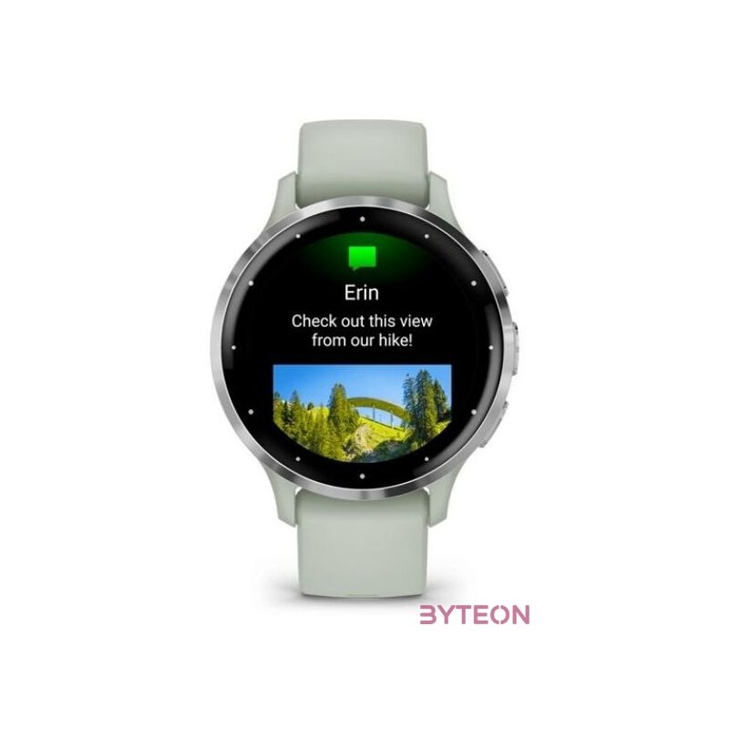 Garmin Venu 3S zsálya, ezüst kerettel, szilikon szíjjal okosóra