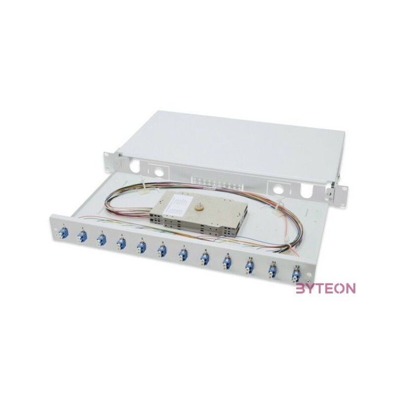 DIGITUS DN-96331,9 1U 12xLC duplex OS2 toldóval pigtaillel és kötőkazettával szerelt optikai rendező