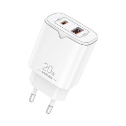 Vipfan E08 hálózati töltő, USB + USB-C, 20W PD + QC 3.0 (fehér)