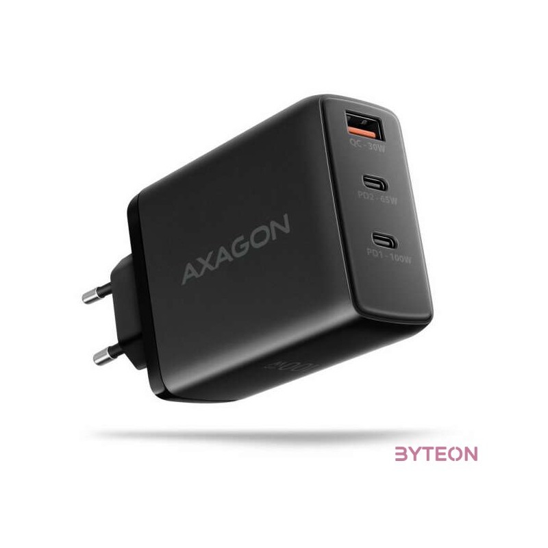 AXAGON ACU-DPQ100 3x port (USB  dual USB-C), PD3.0,QC4,PPS,Apple 100W fekete GaN töltő