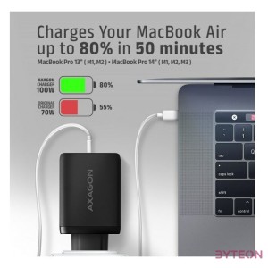 AXAGON ACU-DPQ100 3x port (USB  dual USB-C), PD3.0,QC4,PPS,Apple 100W fekete GaN töltő
