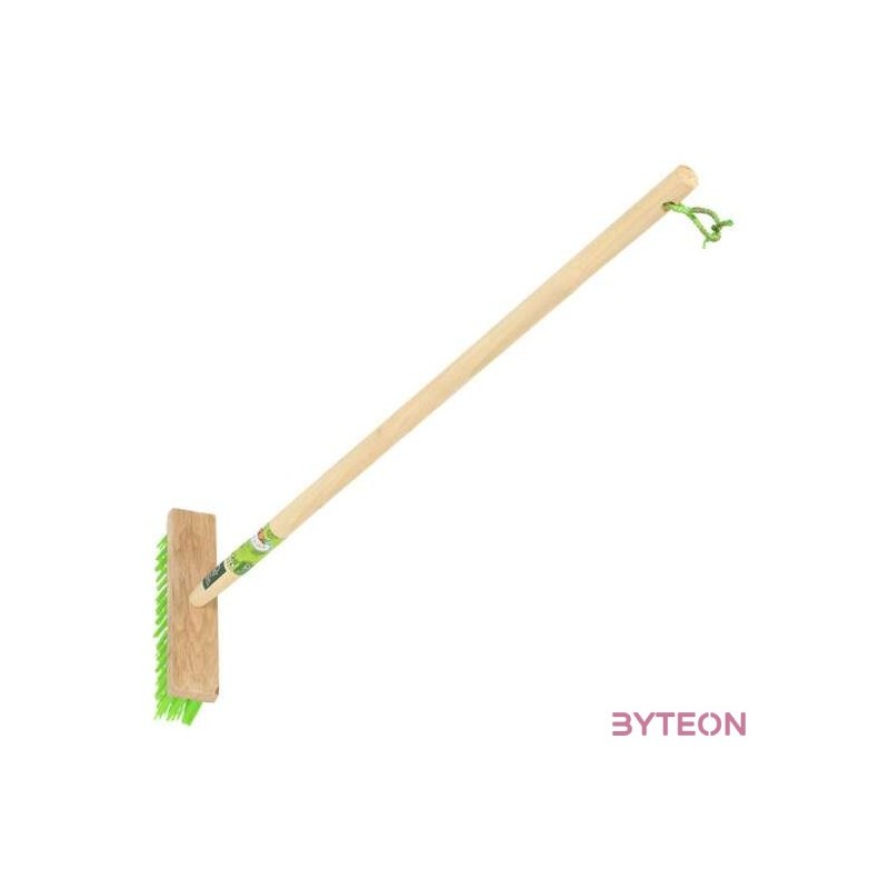 Zöld gyerek seprű, partvis fa nyéllel, felekasztható kötéllel