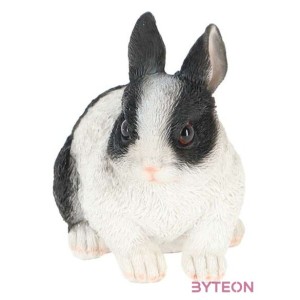 Törpenyúl polyresin szobor, fekete és fehér színkombinációban, kültéri és beltéri dekorációs kiegészítő