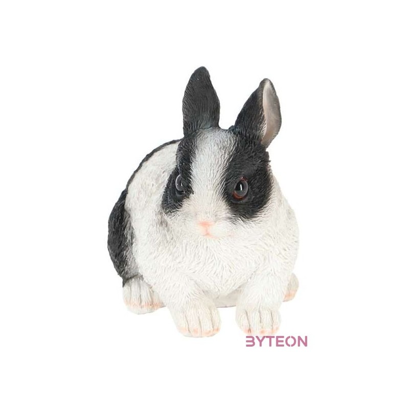 Törpenyúl polyresin szobor, fekete és fehér színkombinációban, kültéri és beltéri dekorációs kiegészítő