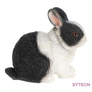 Törpenyúl polyresin szobor, fekete és fehér színkombinációban, kültéri és beltéri dekorációs kiegészítő