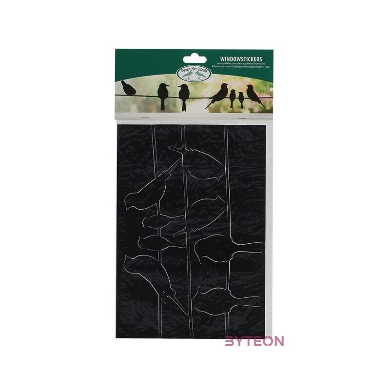 Ütközésgátló ablakmatrica a madarak épségéért, dróton ülő madarak