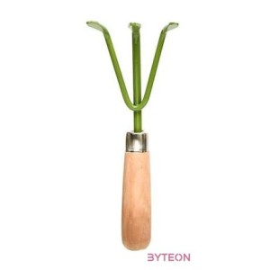 Fém kézi gereblye fa nyéllel, fűzöld