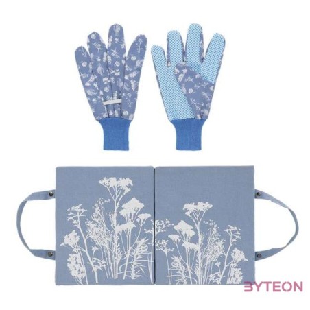 Mezei virág mintás kerti térdelőpárna és kesztyű szett, kék