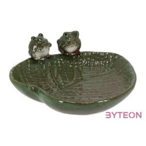 Levél alakú kerámia madáritató és madáretető, béka dekorációval