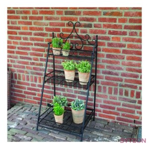Összecsukható kovácsoltvas virágtartó állvány, lépcsőzetes alakú, 3 polcos, 114 cm