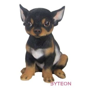 Ülő csivava kiskutya polyresin szobor, fekete, kültéri és beltéri dekorációs kiegészítő