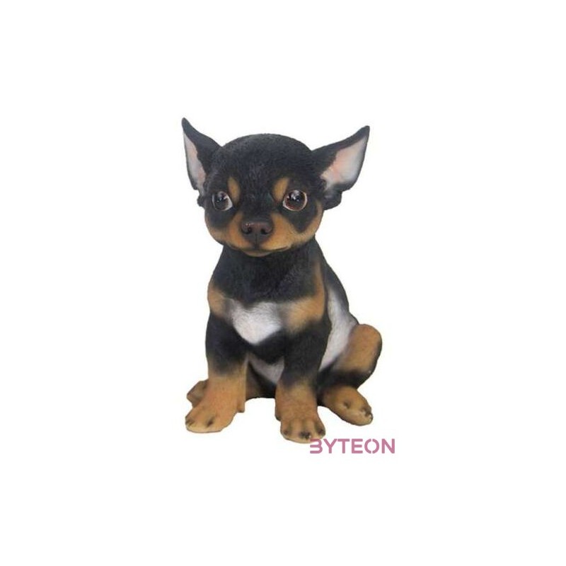 Ülő csivava kiskutya polyresin szobor, fekete, kültéri és beltéri dekorációs kiegészítő