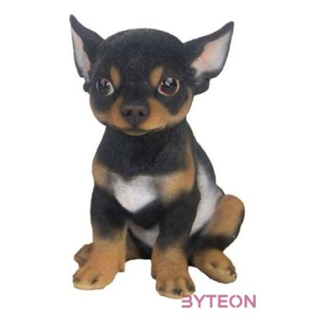 Ülő csivava kiskutya polyresin szobor, fekete, kültéri és beltéri dekorációs kiegészítő