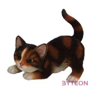 Játszó cica polyresin szobor, tarka, kültéri és beltéri dekorációs kiegészítő