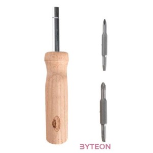 Rozsdamentes acél csavarhúzó, 4 cserélhető fejjel, kőrisfa nyéllel