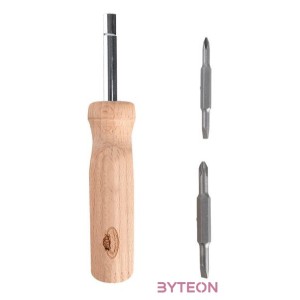 Rozsdamentes acél csavarhúzó, 4 cserélhető fejjel, kőrisfa nyéllel