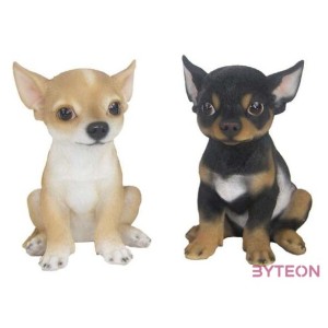 Ülő csivava kiskutya polyresin szobor, fekete, kültéri és beltéri dekorációs kiegészítő