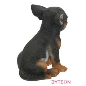 Ülő csivava kiskutya polyresin szobor, fekete, kültéri és beltéri dekorációs kiegészítő