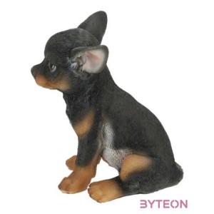 Ülő csivava kiskutya polyresin szobor, fekete, kültéri és beltéri dekorációs kiegészítő