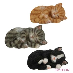 Alvó cica polyresin szobor, S, szürke, kültéri és beltéri dekorációs kiegészítő