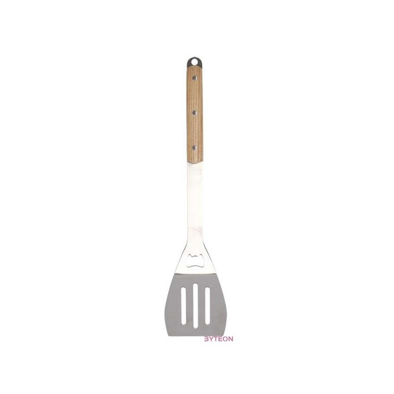 Rozsdamentes acél BBQ grill forgató lapát fa nyéllel, beépített üvegnyitóval, 44 cm