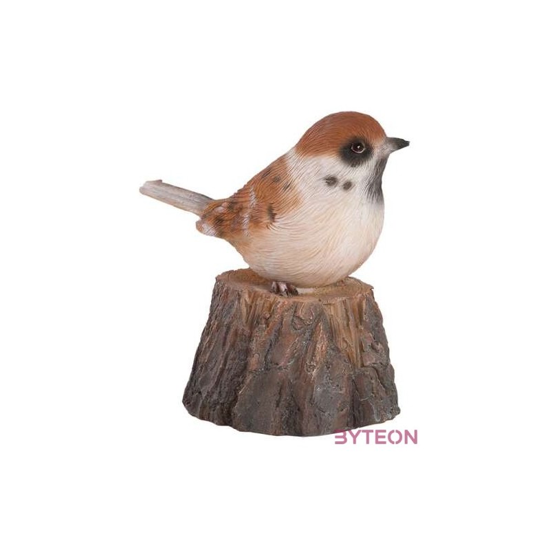 Fatörzsön ülő csiripelő kismadár polyresin szobor, mezei veréb, kültéri és beltéri dekorációs kiegészítő