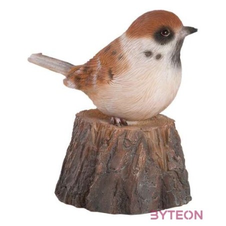 Fatörzsön ülő csiripelő kismadár polyresin szobor, mezei veréb, kültéri és beltéri dekorációs kiegészítő