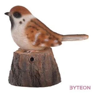 Fatörzsön ülő csiripelő kismadár polyresin szobor, mezei veréb, kültéri és beltéri dekorációs kiegészítő