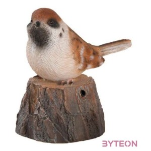 Fatörzsön ülő csiripelő kismadár polyresin szobor, mezei veréb, kültéri és beltéri dekorációs kiegészítő