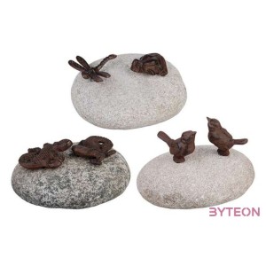 Páros öntöttvas állatdíszek kövön, béka-szitakötő