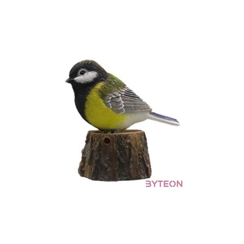 Fatörzsön ülő csiripelő kismadár polyresin szobor, széncinege, kültéri és beltéri dekorációs kiegészítő