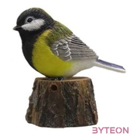 Fatörzsön ülő csiripelő kismadár polyresin szobor, széncinege, kültéri és beltéri dekorációs kiegészítő