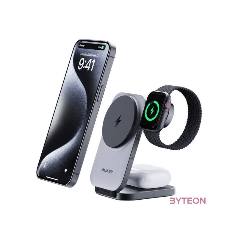 Magnetic Wireless Charger 3 in 1 MagFusion Aukey LC-MC312, 15W Qi2 (gray)