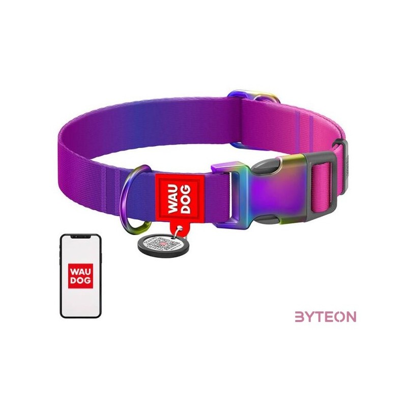 Nylon dog collar with QR code WAUDOG 15 mm wide, 25-35 cm long purple