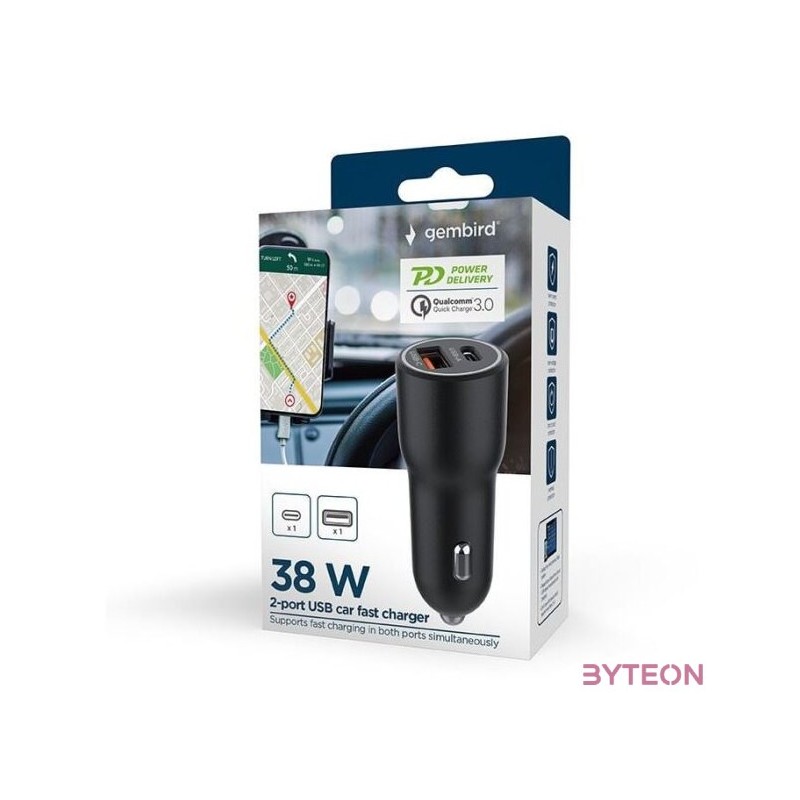 GEMBIRD 2-port USB car fast charger TypC