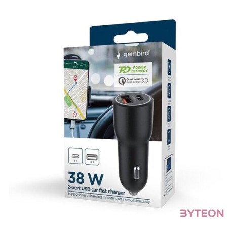 GEMBIRD 2-port USB car fast charger TypC