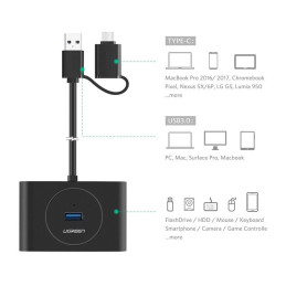 UGREEN HUB USB 3.0 + USB-C 3.1, 4 port, OTG (fekete)