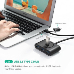 UGREEN HUB USB 3.0 + USB-C 3.1, 4 port, OTG (fekete)