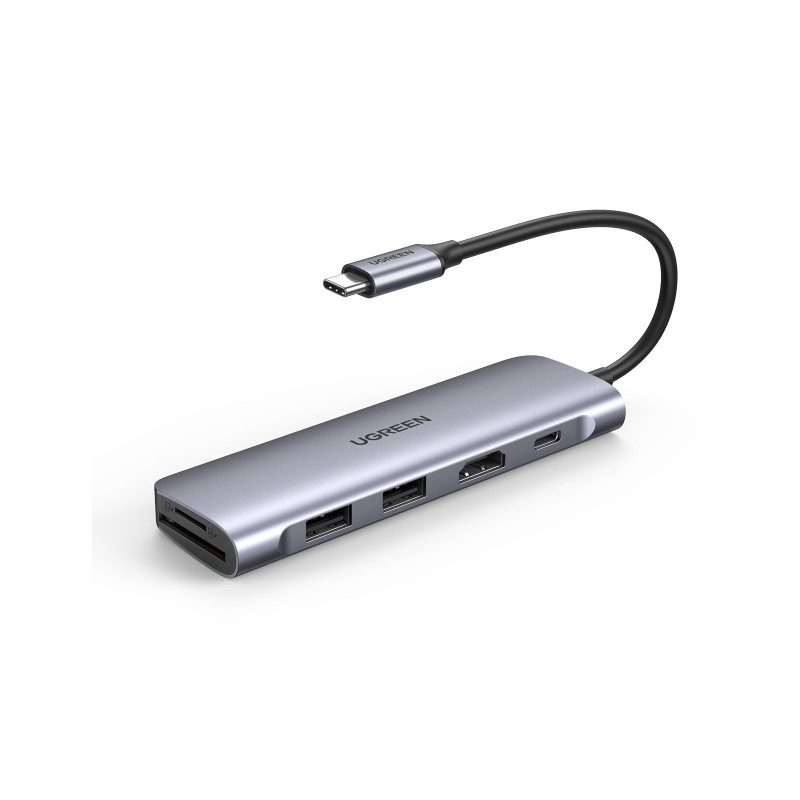 UGREEN CM195 6 az 1-ben USB-C hub 2x USB 3.0, HDMI, SD / microSD, 100 W (szürke)