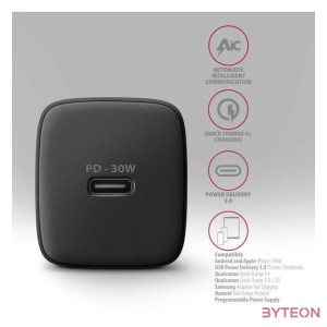 Axagon ACU-PD30 30W PD 3.0 QC Type-C fekete hálózati töltő