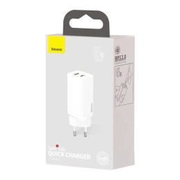 Baseus GaN2 Lite fali töltő, USB + USB-C, 65 W, EU (fehér)