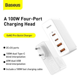 Baseus GaN2 Pro fali töltő, 2x USB + 2x USB-C, 100W, EU (fehér)