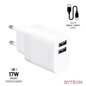 FIXED hálózati töltő, 2USB-A kimenet, 17W  USB,USB-C kábel, fehér