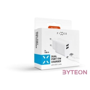 FIXED hálózati töltő, 2USB-A kimenet, 17W  USB,USB-C kábel, fehér
