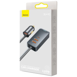 Baseus Share Together autós töltő hosszabbítóval, 3x USB, USB-C, 120W (szürke)