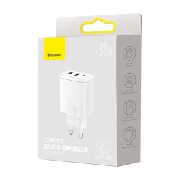 Baseus kompakt gyorstöltő, 2xUSB, USB-C, PD, 3A, 30 W (fehér)